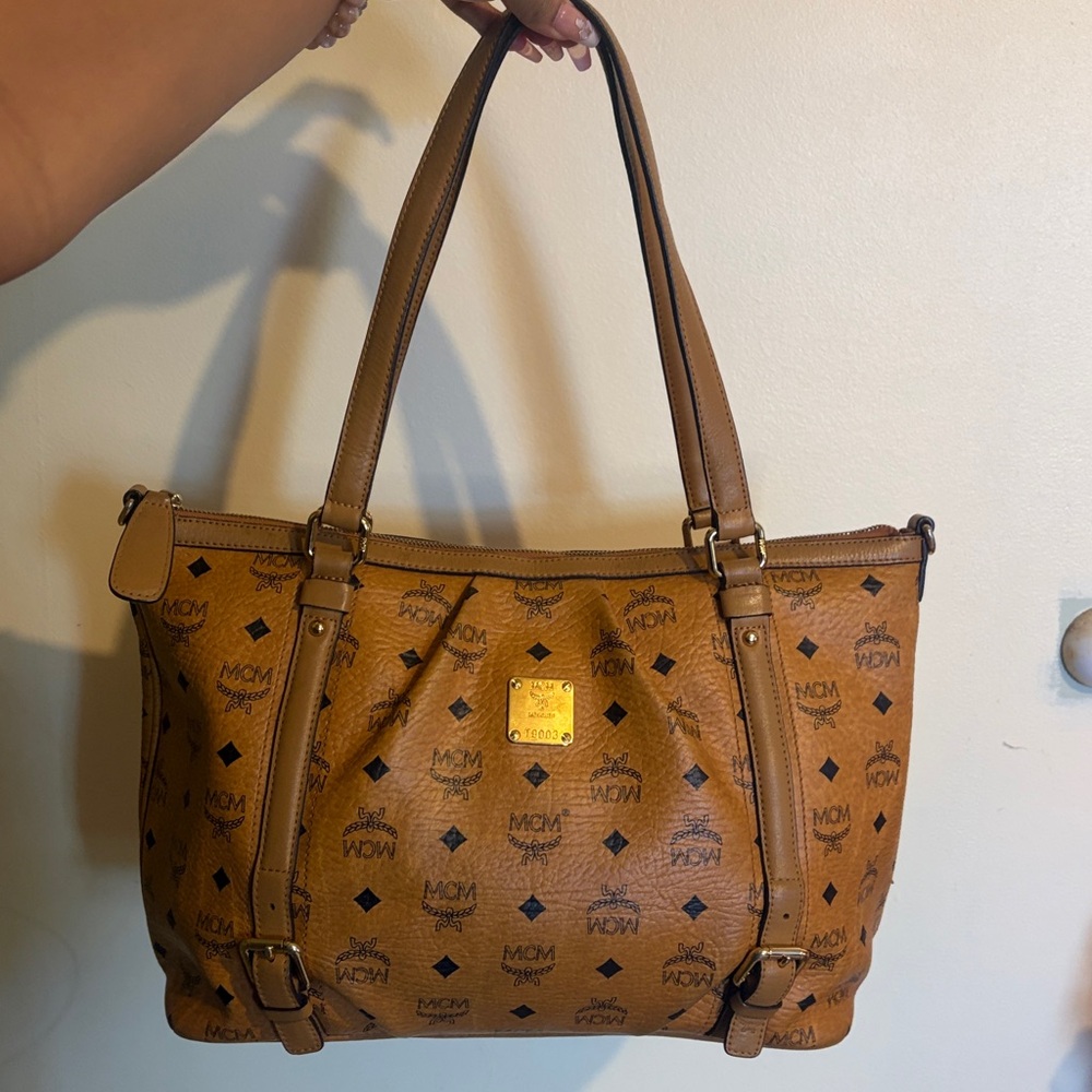 MCM Visetos Brown Cognac Shoulder Tote Bag